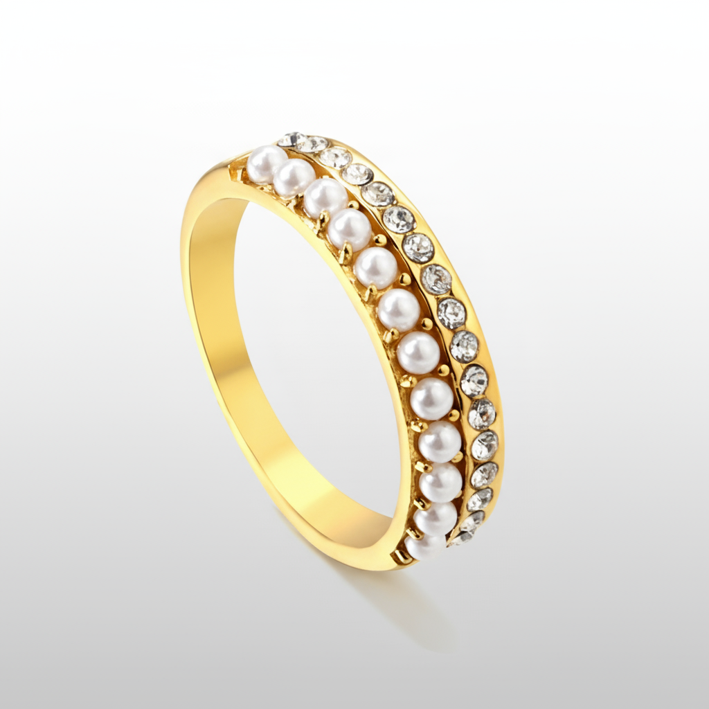 18K PVD Gold Plated Pearl & Crystal Ring | Tarnish-Free, Hypoallergenic Band