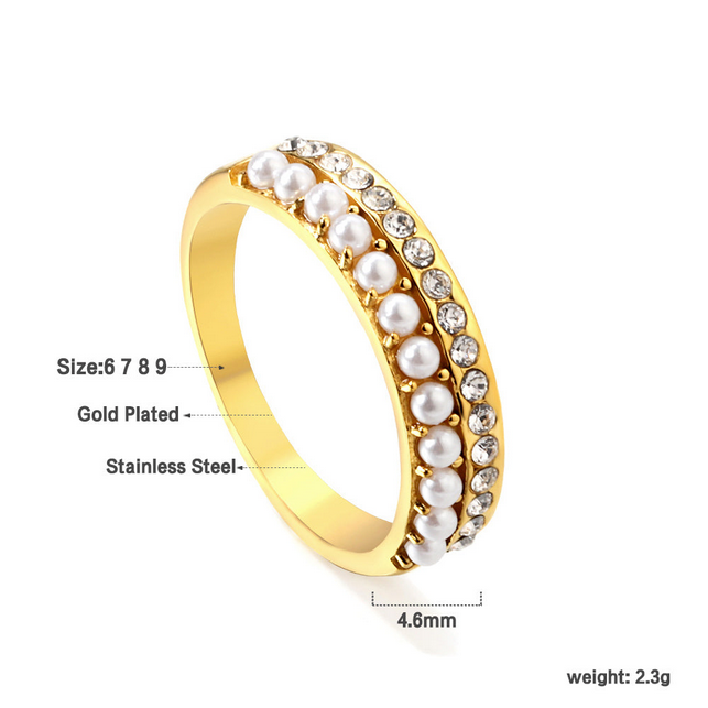 18K PVD Gold Plated Pearl & Crystal Ring | Tarnish-Free, Hypoallergenic Band