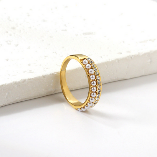 18K PVD Gold Plated Pearl & Crystal Ring | Tarnish-Free, Hypoallergenic Band