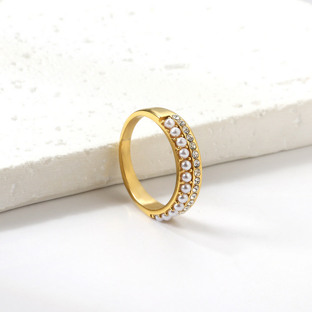 18K PVD Gold Plated Pearl & Crystal Ring | Tarnish-Free, Hypoallergenic Band