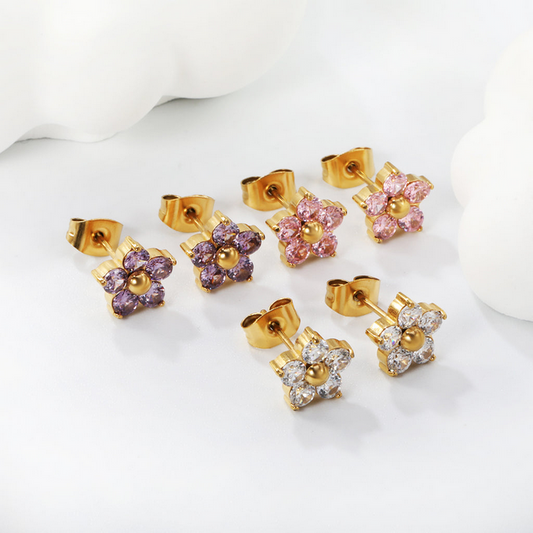 3-Pair Flower Stud Earring Set | Coloured Zirconia Tarnish-Free Gold