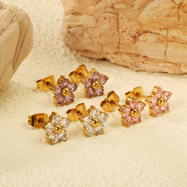 3-Pair Flower Stud Earring Set | Coloured Zirconia Tarnish-Free Gold