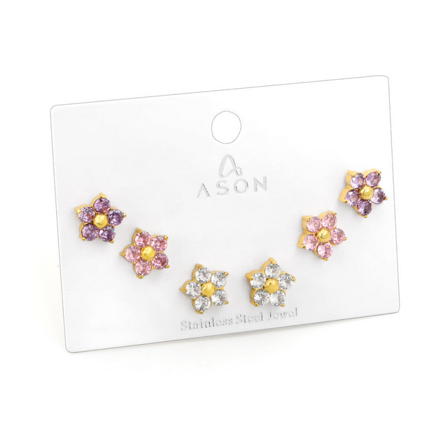 3-Pair Flower Stud Earring Set | Coloured Zirconia Tarnish-Free Gold