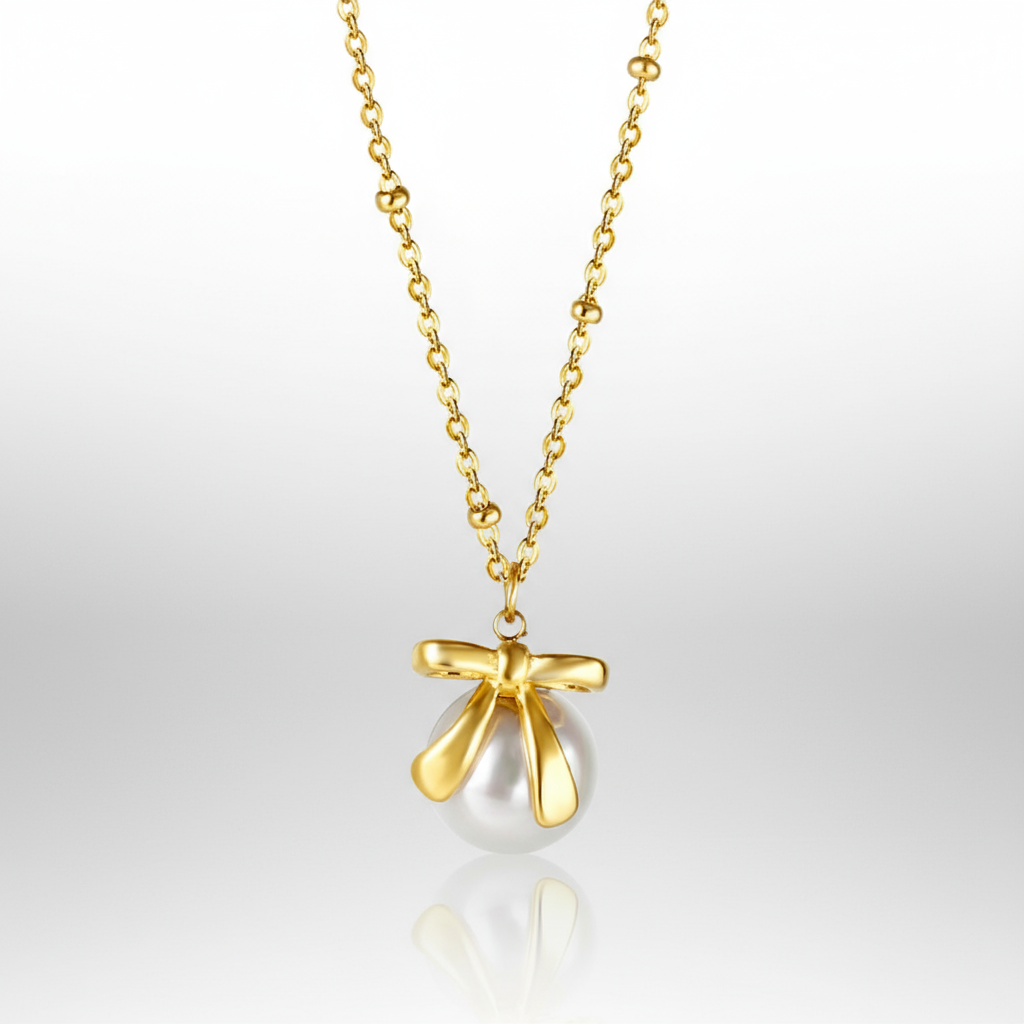 Bow Pearl Pendant Necklace | Tarnish-Free 18K Gold Bead Chain Charm - Fynzi