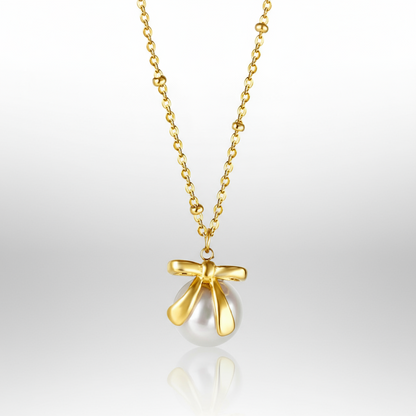 Bow Pearl Pendant Necklace | Tarnish-Free 18K Gold Bead Chain Charm - Fynzi