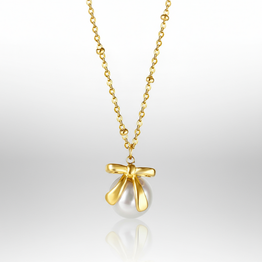 Bow Pearl Pendant Necklace | Tarnish-Free 18K Gold Bead Chain Charm