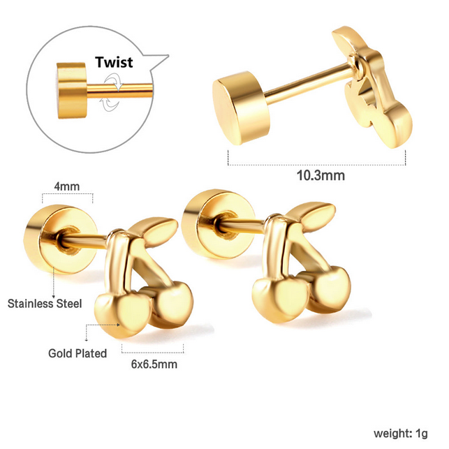 Cherry Screw Back Stud Earrings | Tarnish-Free 18K Gold Cartilage Studs