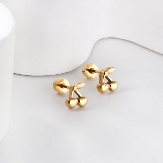 Cherry Screw Back Stud Earrings | Tarnish-Free 18K Gold Cartilage Studs