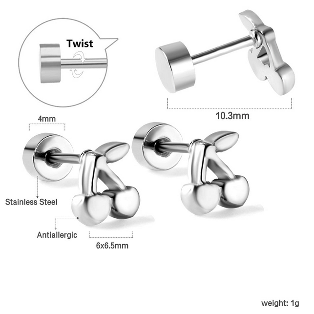 Cherry Screw Back Stud Earrings | Tarnish-Free 18K Gold Cartilage Studs