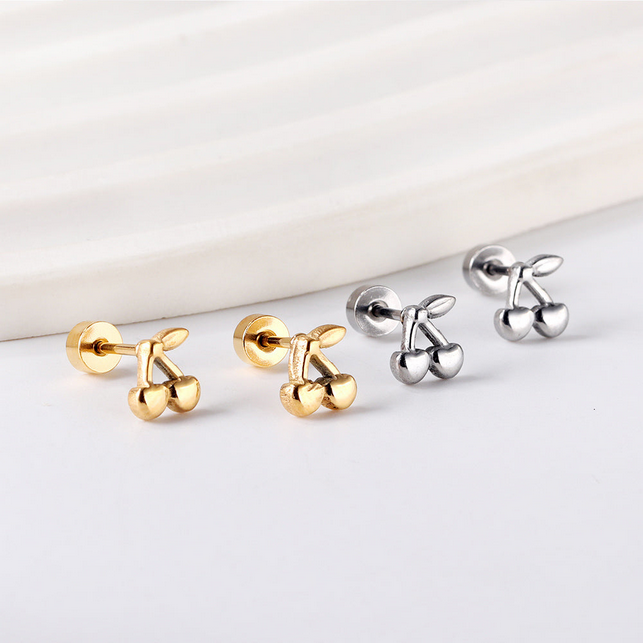 Cherry Screw Back Stud Earrings | Tarnish-Free 18K Gold Cartilage Studs
