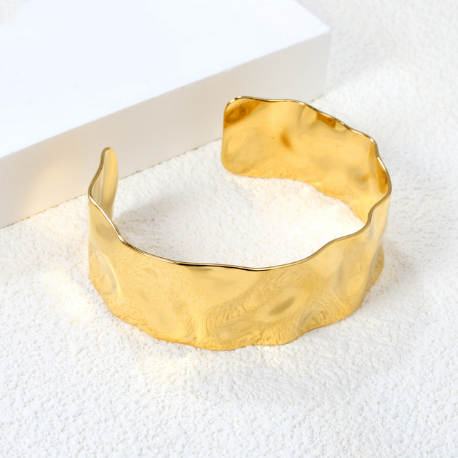 Liquid Gold Sculptural Cuff Bracelet | Wide Tarnish-Free Stainless Steel
