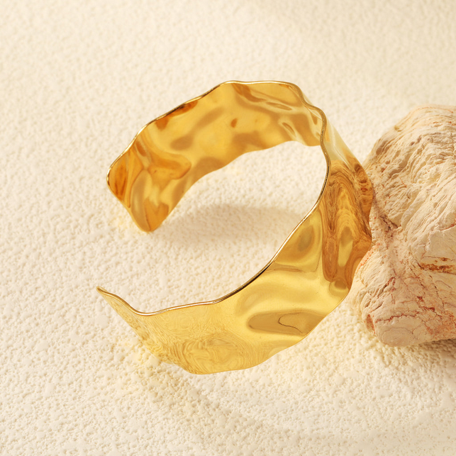 Liquid Gold Sculptural Cuff Bracelet | Wide Tarnish-Free Stainless Steel