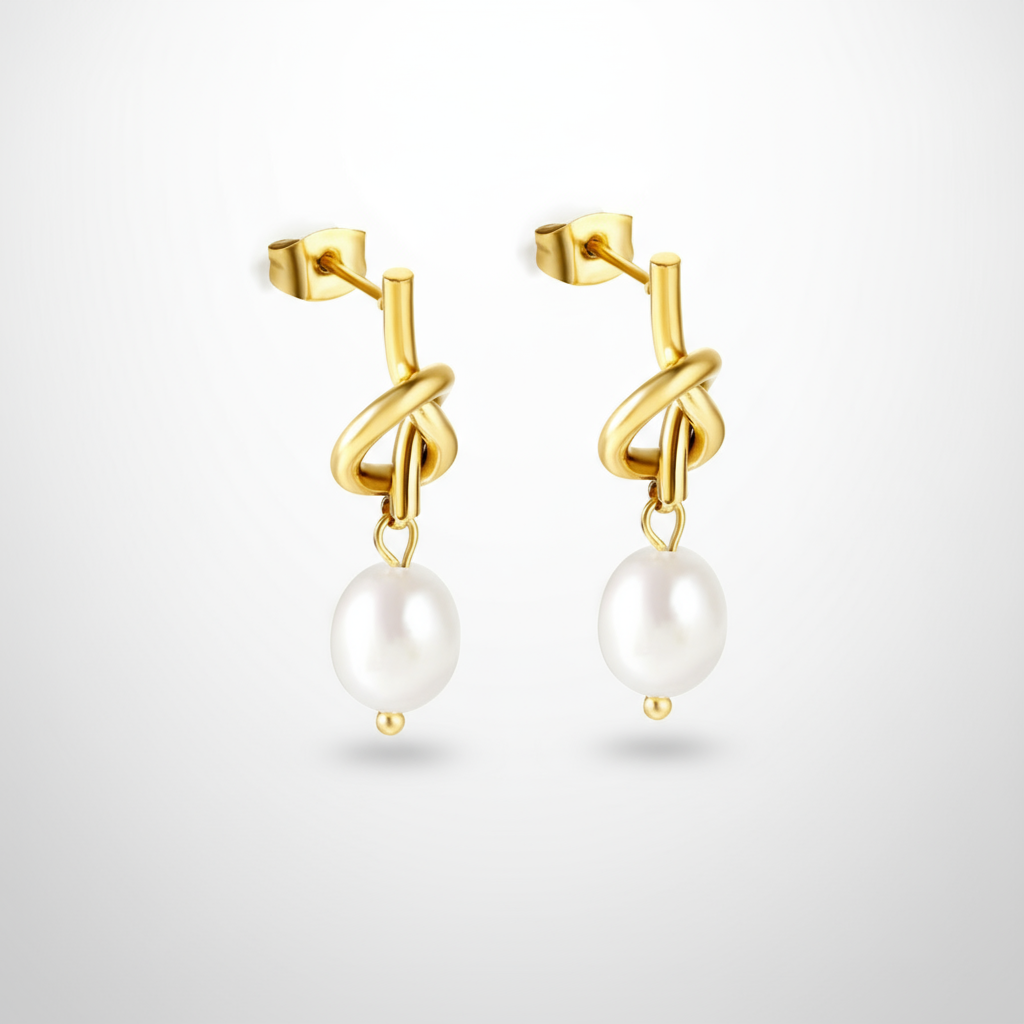 Rope Knot Pearl Drop Earrings | Tarnish-Free 18K Gold Dangle Studs