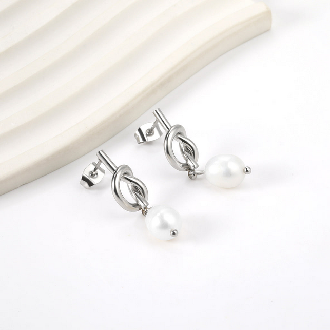 Rope Knot Pearl Drop Earrings | Tarnish-Free 18K Gold Dangle Studs