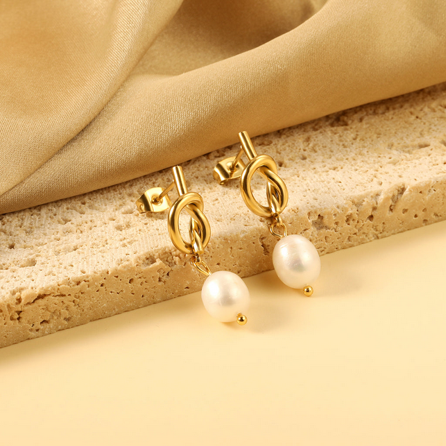 Rope Knot Pearl Drop Earrings | Tarnish-Free 18K Gold Dangle Studs