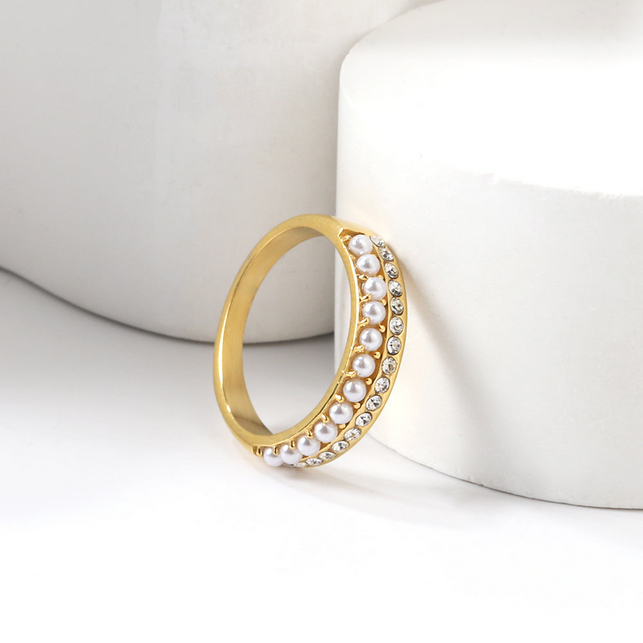 18K PVD Gold Plated Pearl & Crystal Ring | Tarnish-Free, Hypoallergenic Band
