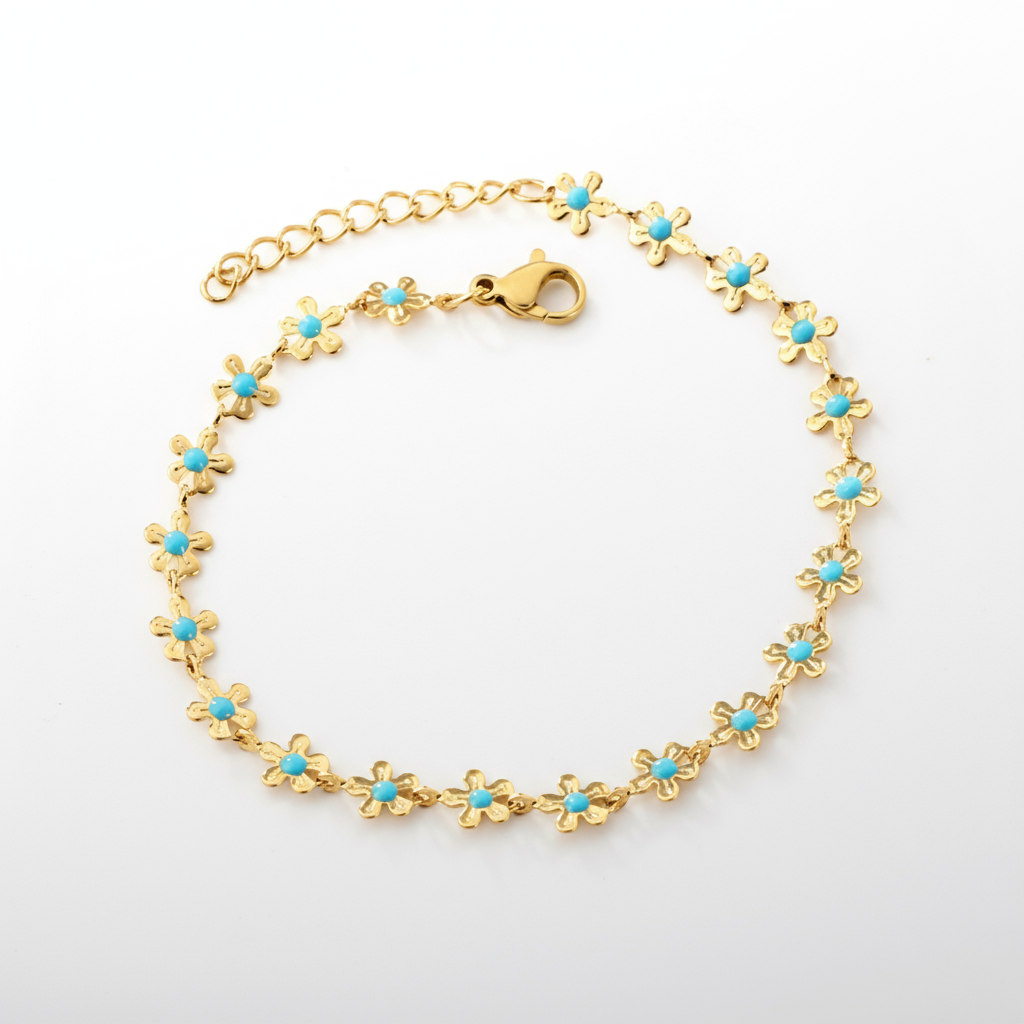 Turquoise Enamel Daisy Chain Bracelet | Tarnish-Free 18K Gold Plated