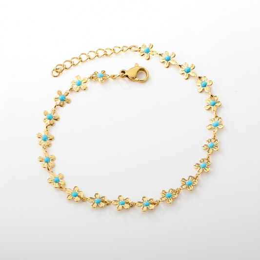 Turquoise Enamel Daisy Chain Bracelet | Tarnish-Free 18K Gold Plated