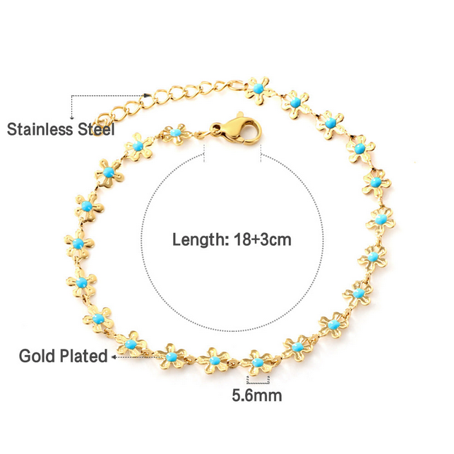 Turquoise Enamel Daisy Chain Bracelet | Tarnish-Free 18K Gold Plated
