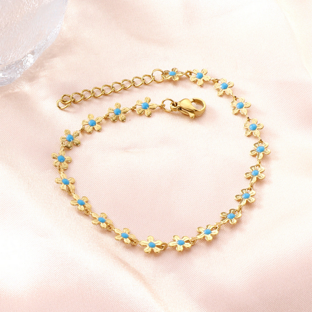Turquoise Enamel Daisy Chain Bracelet | Tarnish-Free 18K Gold Plated
