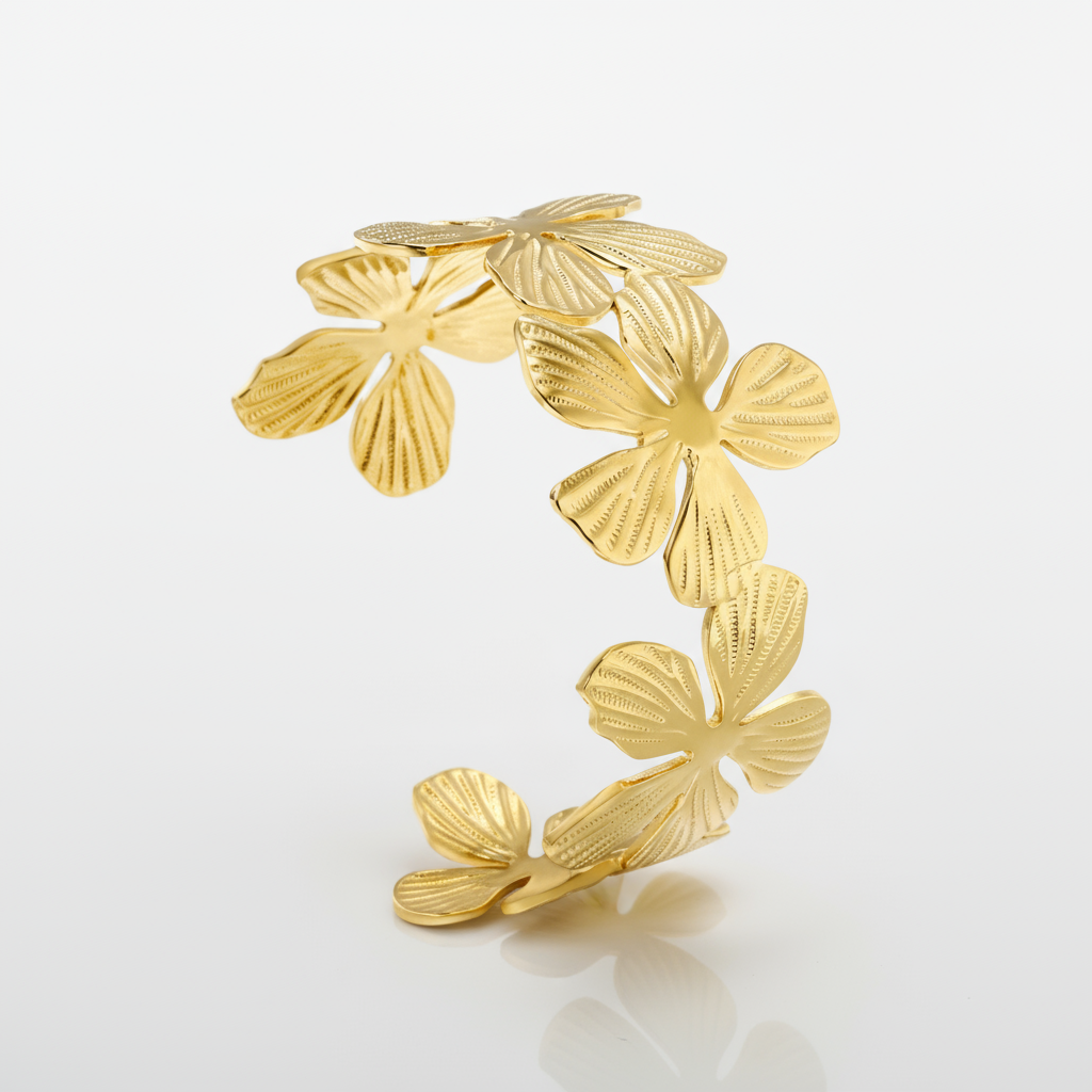Wide Floral Statement Cuff Bracelet | Tarnish-Free Gold Flower Bangle