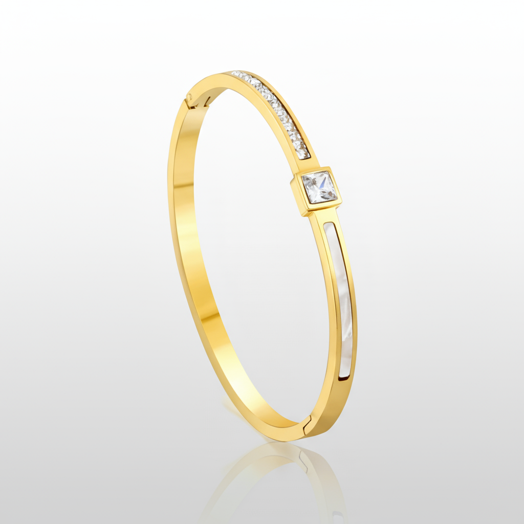 Mother of Pearl CZ Inlay Bangle | Tarnish-Free 18K Gold Hinged Bracelet