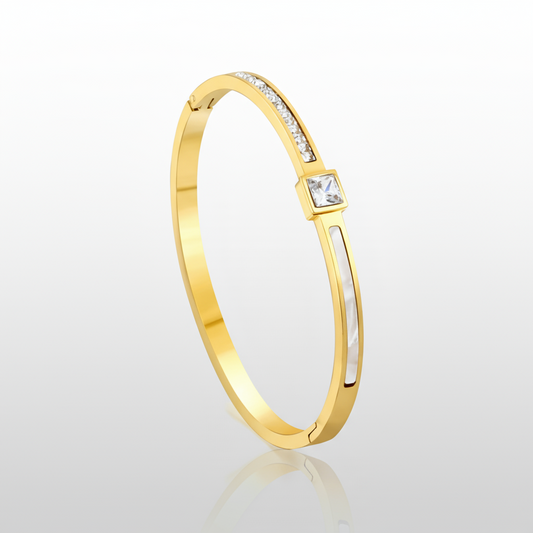 Mother of Pearl CZ Inlay Bangle | Tarnish-Free 18K Gold Hinged Bracelet