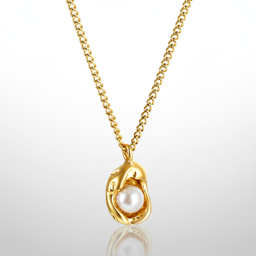 Sculptural Pearl Pendant Necklace | Tarnish-Free 18K Gold Liquid Metal