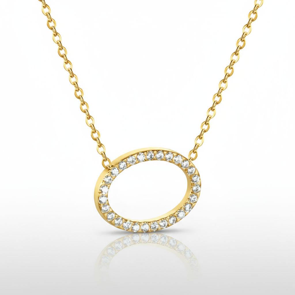 Oval Pavé CZ Pendant Necklace | Tarnish-Free Gold Layering Chain - Fynzi