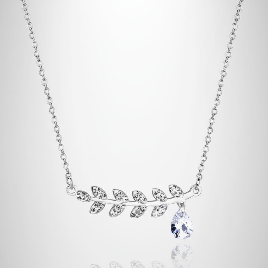CZ Leaf Drop Pendant Necklace | Tarnish-Free Silver Olive Branch Design