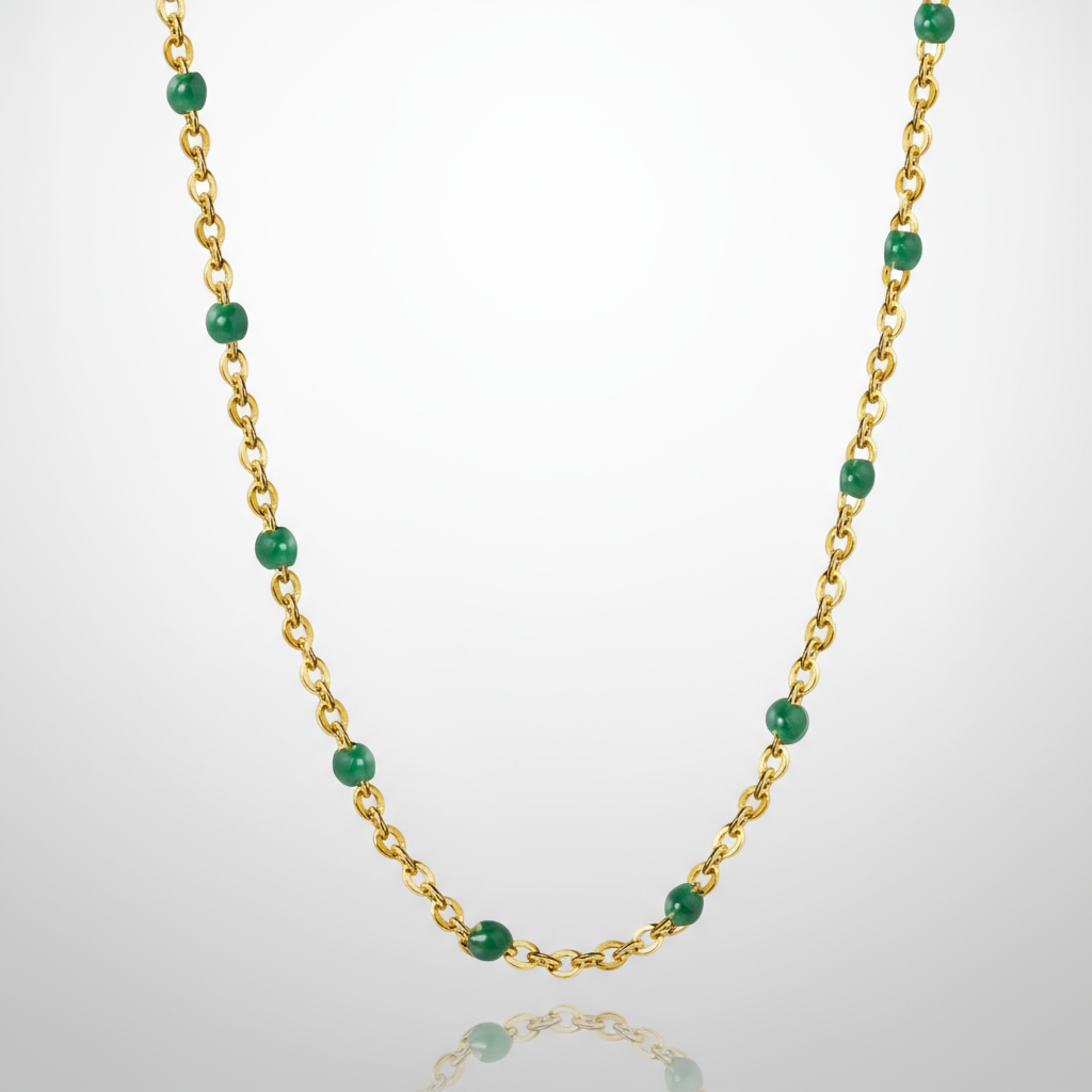 Green Bead Station Chain Necklace | Tarnish-Free 18K Gold Plated Layering - Fynzi