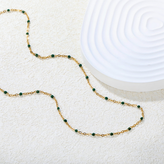 Green Bead Station Chain Necklace | Tarnish-Free 18K Gold Plated Layering - Fynzi