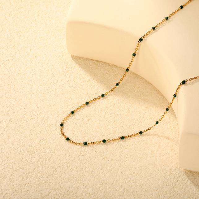 Green Bead Station Chain Necklace | Tarnish-Free 18K Gold Plated Layering - Fynzi