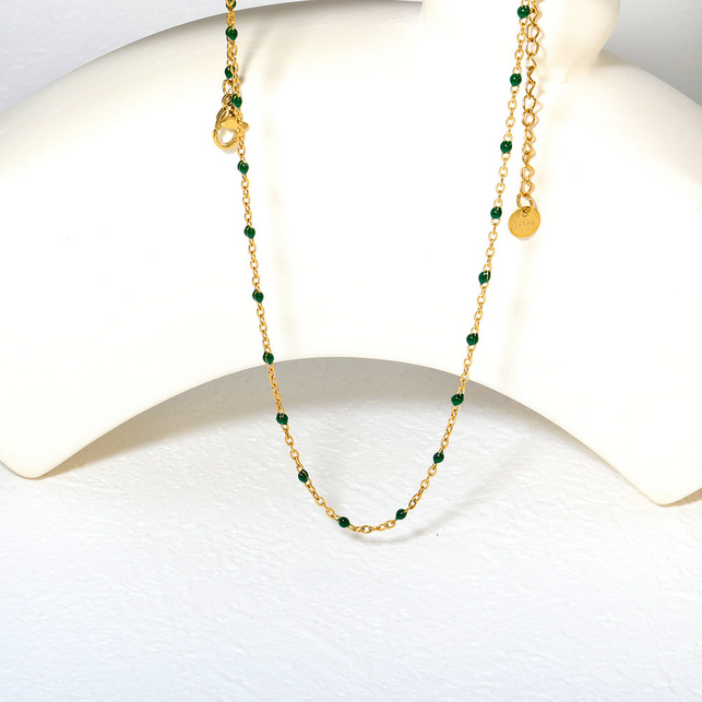 Green Bead Station Chain Necklace | Tarnish-Free 18K Gold Plated Layering - Fynzi
