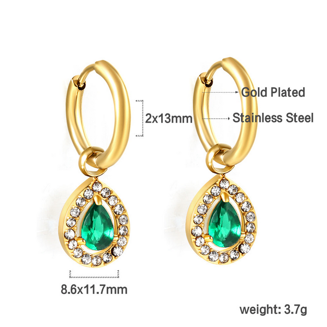 2x13mm Teardrop CZ Halo Dangle Huggies | Tarnish-Free 18K Gold Plated Hoop Earrings