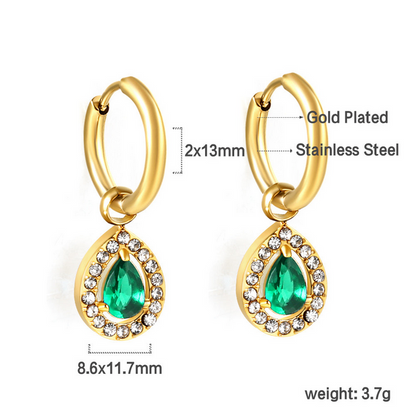 2x13mm Teardrop CZ Halo Dangle Huggies | Tarnish-Free 18K Gold Plated Hoop Earrings