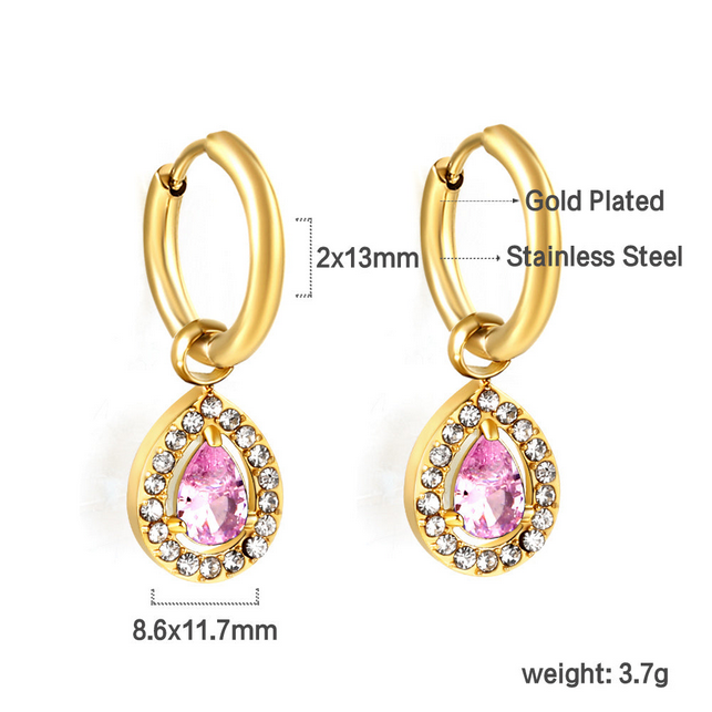 2x13mm Teardrop CZ Halo Dangle Huggies | Tarnish-Free 18K Gold Plated Hoop Earrings