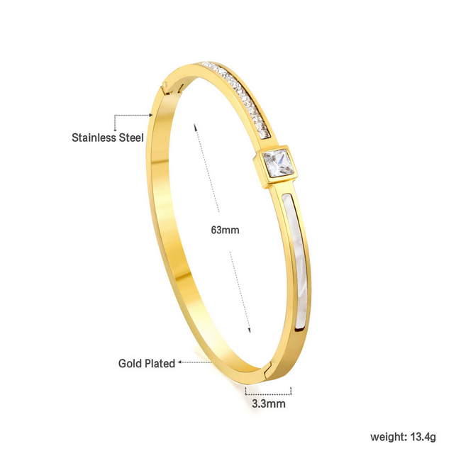 Mother of Pearl CZ Inlay Bangle | Tarnish-Free 18K Gold Hinged Bracelet