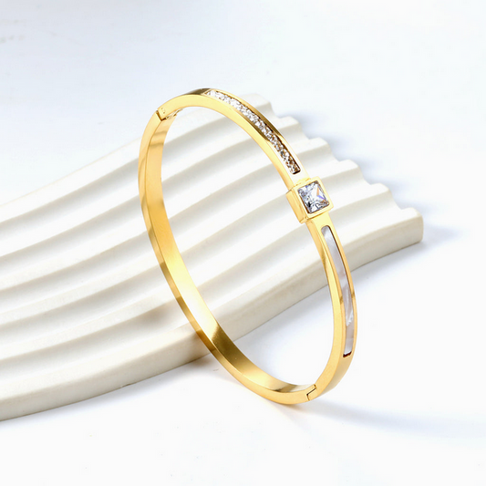 Mother of Pearl CZ Inlay Bangle | Tarnish-Free 18K Gold Hinged Bracelet