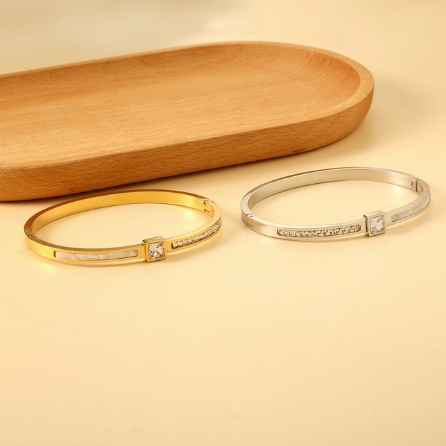 Mother of Pearl CZ Inlay Bangle | Tarnish-Free 18K Gold Hinged Bracelet