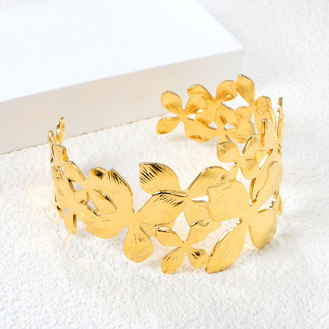 Ultra-Wide Floral Statement Cuff | 18K Gold Tarnish-Free Flower Bangle