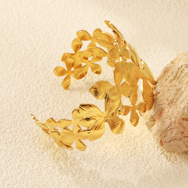 Ultra-Wide Floral Statement Cuff | 18K Gold Tarnish-Free Flower Bangle