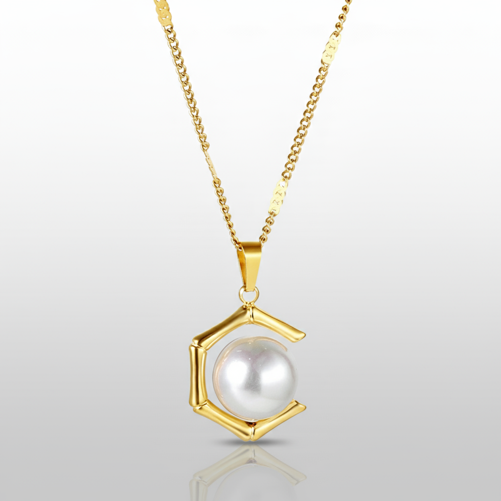 Geometric Hexagon Pearl Pendant Necklace | Tarnish-Free 18K Gold Finish - Fynzi