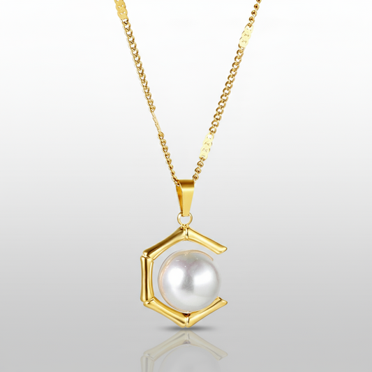 Geometric Hexagon Pearl Pendant Necklace | Tarnish-Free 18K Gold Finish