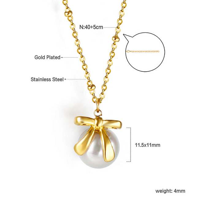 Bow Pearl Pendant Necklace | Tarnish-Free 18K Gold Bead Chain Charm - Fynzi