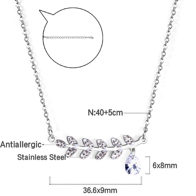 CZ Leaf Drop Pendant Necklace | Tarnish-Free Silver Olive Branch Design