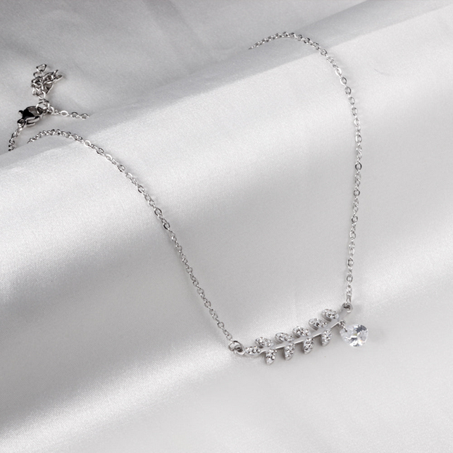 CZ Leaf Drop Pendant Necklace | Tarnish-Free Silver Olive Branch Design