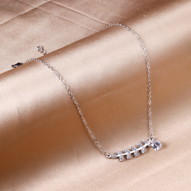 CZ Leaf Drop Pendant Necklace | Tarnish-Free Silver Olive Branch Design