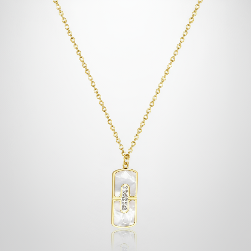 Mother of Pearl Bar Pendant Necklace | Tarnish-Free Gold CZ Inlay