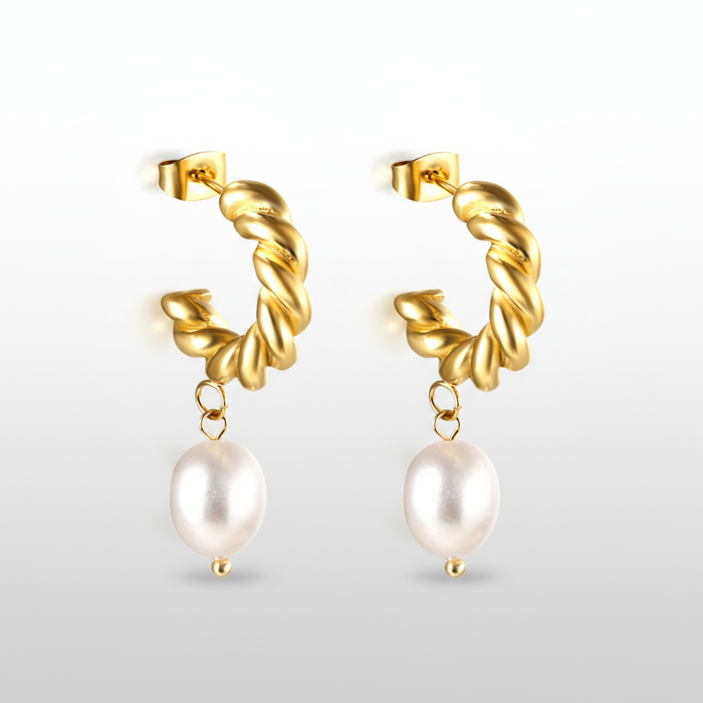 Twisted Hoop Pearl Drop Earrings | 18K Gold Plated Tarnish-Free Dangles